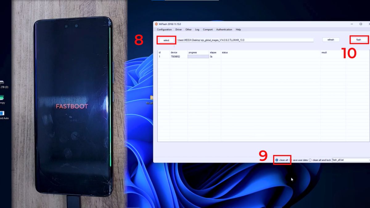 Thiết lập chế độ Clean All trên Mi Flash Tool để hạ cấp Android Xiaomi.