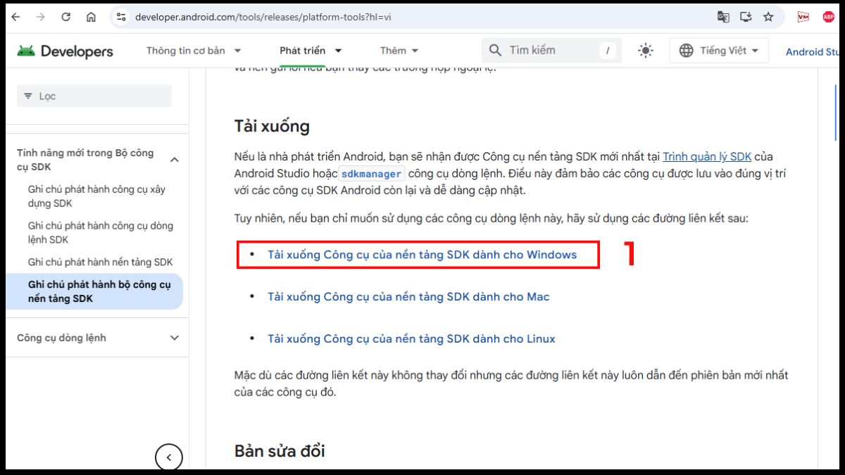 Tải Android SDK Platform-Tools cho phương pháp hạ cấp Android bằng máy tính.