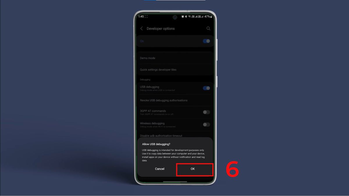 Xác nhận cho phép gỡ lỗi USB để thực hiện hạ cấp hệ điều hành cho Android.