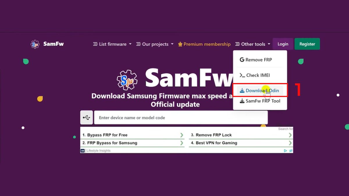 Truy cập SamFw để tải công cụ Odin phục vụ hạ cấp Android Samsung.