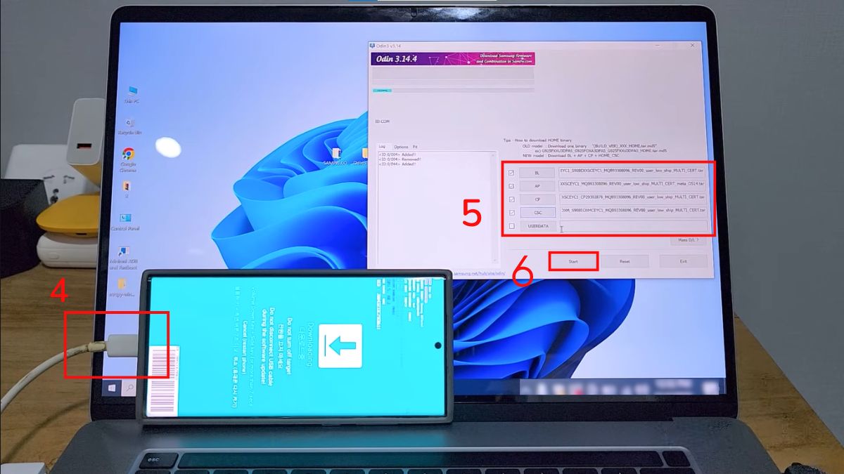 Tiến hành nạp Firmware qua Odin trong quy trình cách hạ cấp Android Samsung.