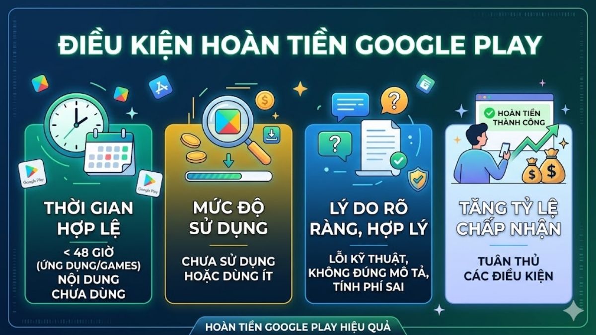 Các điều kiện cần đáp ứng để yêu cầu hoàn tiền Google Play thành công