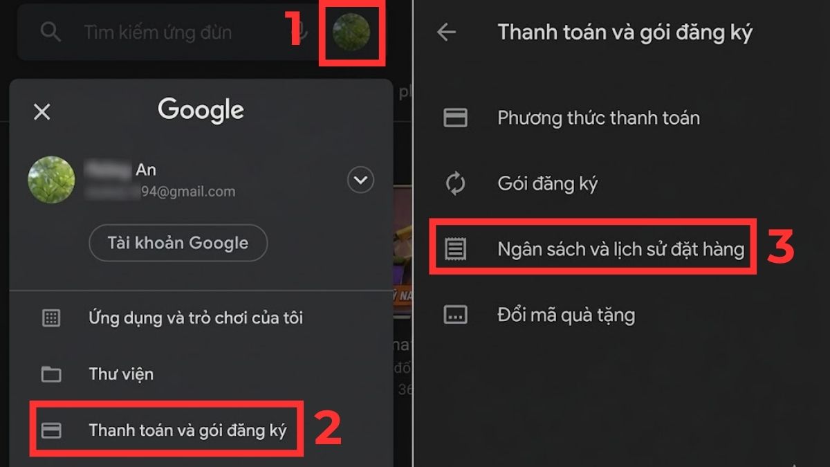 Cách hoàn tiền Google Play qua mục Ngân sách và lịch sử đặt hàng