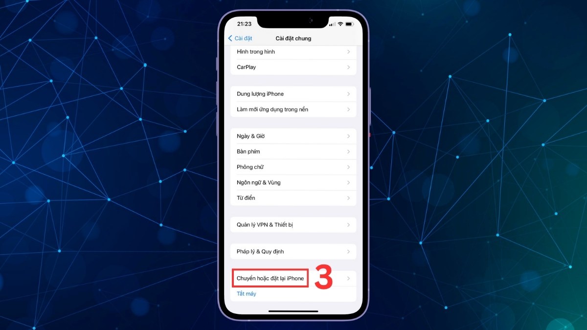 Chọn mục Chuyển hoặc đặt lại iPhone để sửa lỗi iphone bị đen màn hình
