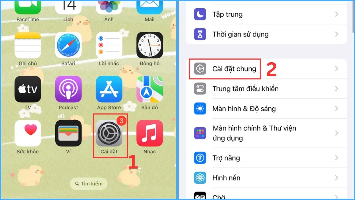 Chọn Cài đặt chung khi iphone không lên màn hình nhưng vẫn có tiếng