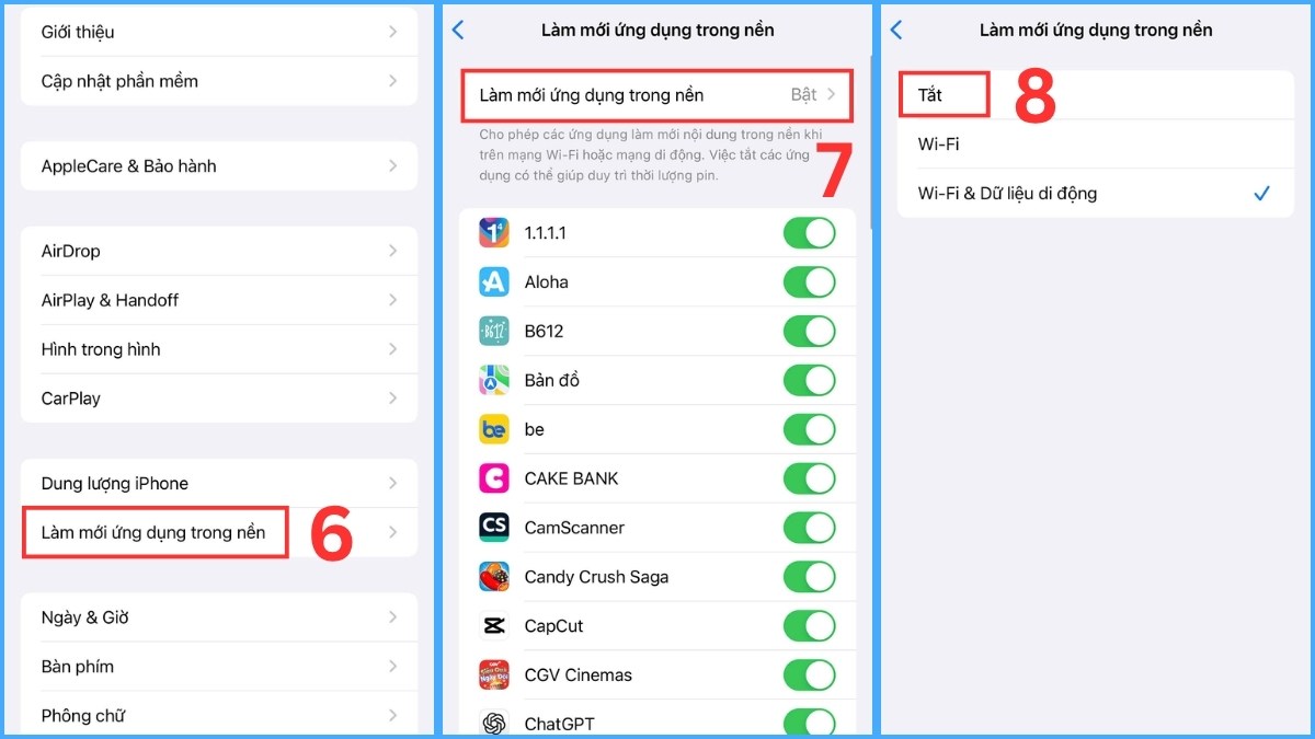Tắt Làm mới ứng dụng trong nền để giảm lỗi iphone bị đen màn hình