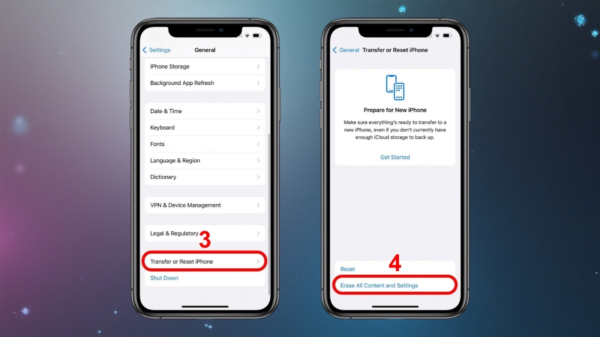 Chọn Transfer or Reset iPhone và Erase All Content để khắc phục điện thoại iphone 11 sạc không vào pin