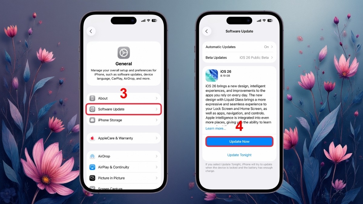 Chọn Software Update và Update Now để khắc phục lỗi iphone 11 sạc không vào pin