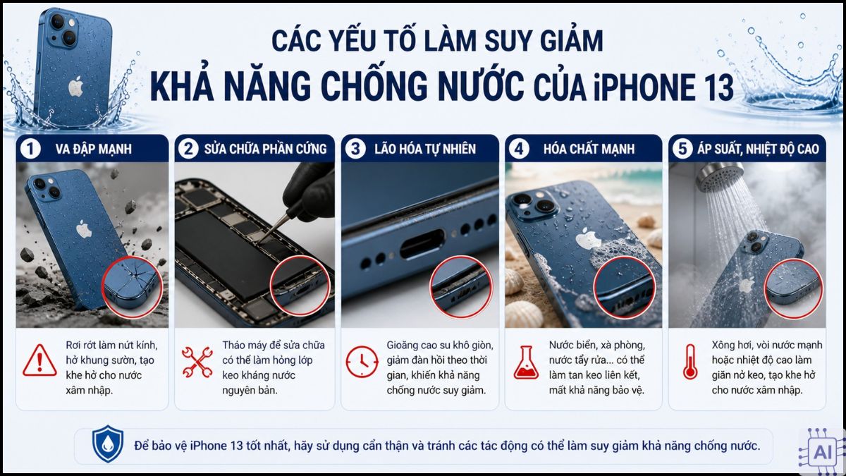 Nguyên nhân làm giảm độ bền khi biết iphone 13 có chống nước không.