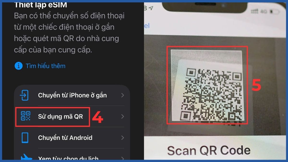 Giao diện quét mã QR kích hoạt khi biết iphone 13 có esim không dễ dàng.
