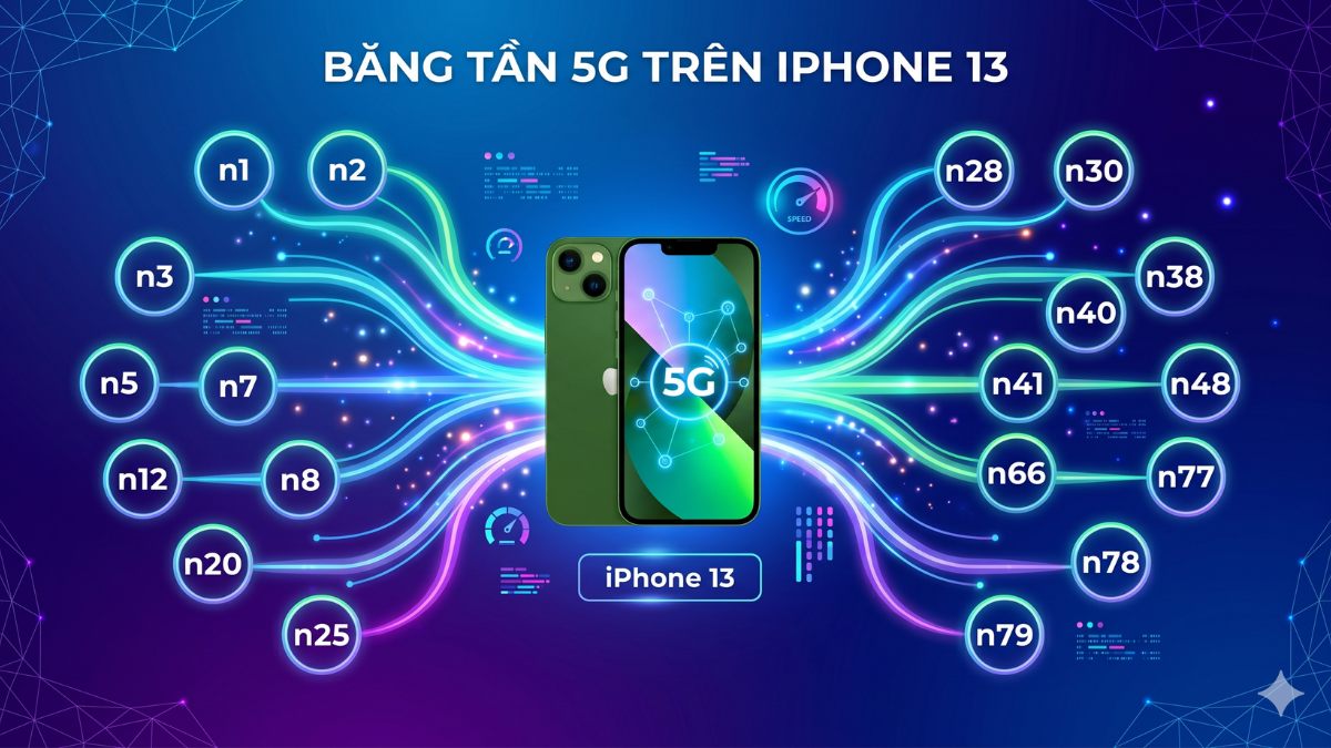 Bảng đồ họa danh sách các băng tần NR giải đáp iphone 13 có hỗ trợ 5g không.
