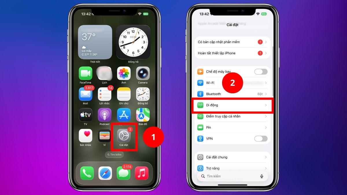 Giao diện Cài đặt Di động, bước 1 kiểm tra iphone 13 có hỗ trợ 5g không.