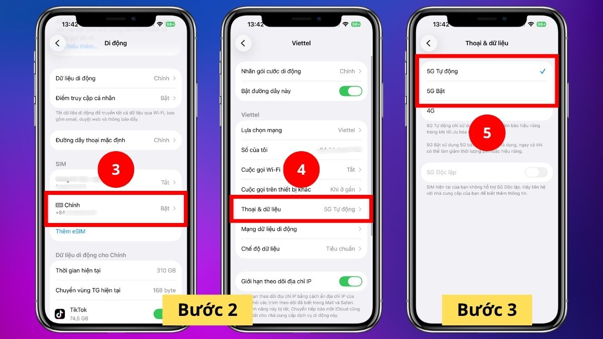 Giao diện chọn 5G Tự động trong cài đặt SIM để trả lời iphone 13 có hỗ trợ 5g không.
