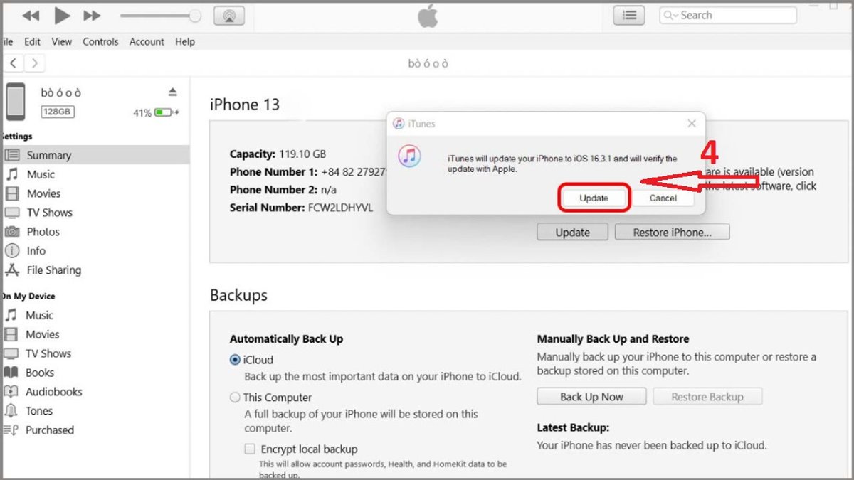 Chọn Update trên iTunes để sửa lỗi iphone 13 không lên màn hình.