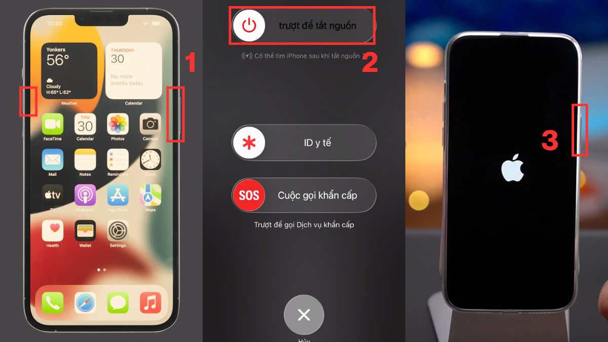 Các bước thao tác tắt nguồn khởi động lại iPhone 13 Pro Max không nhận SIM.