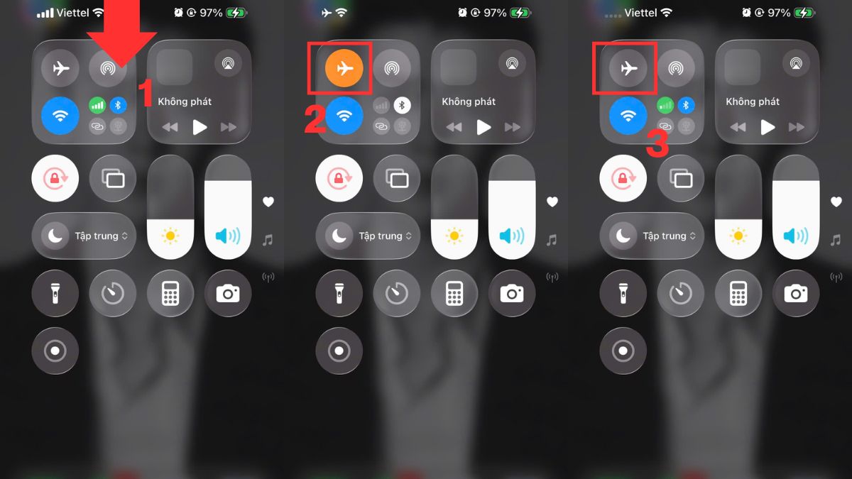 Bật tắt nhanh chế độ máy bay sửa lỗi iPhone 13 Pro Max không nhận SIM.