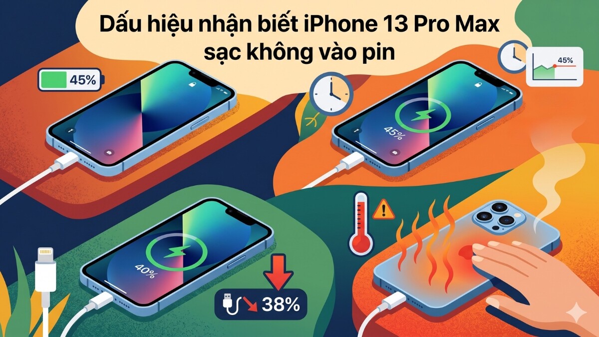 Đồ họa tổng hợp các dấu hiệu nhận biết iphone 13 pro max sạc không vào pin.
