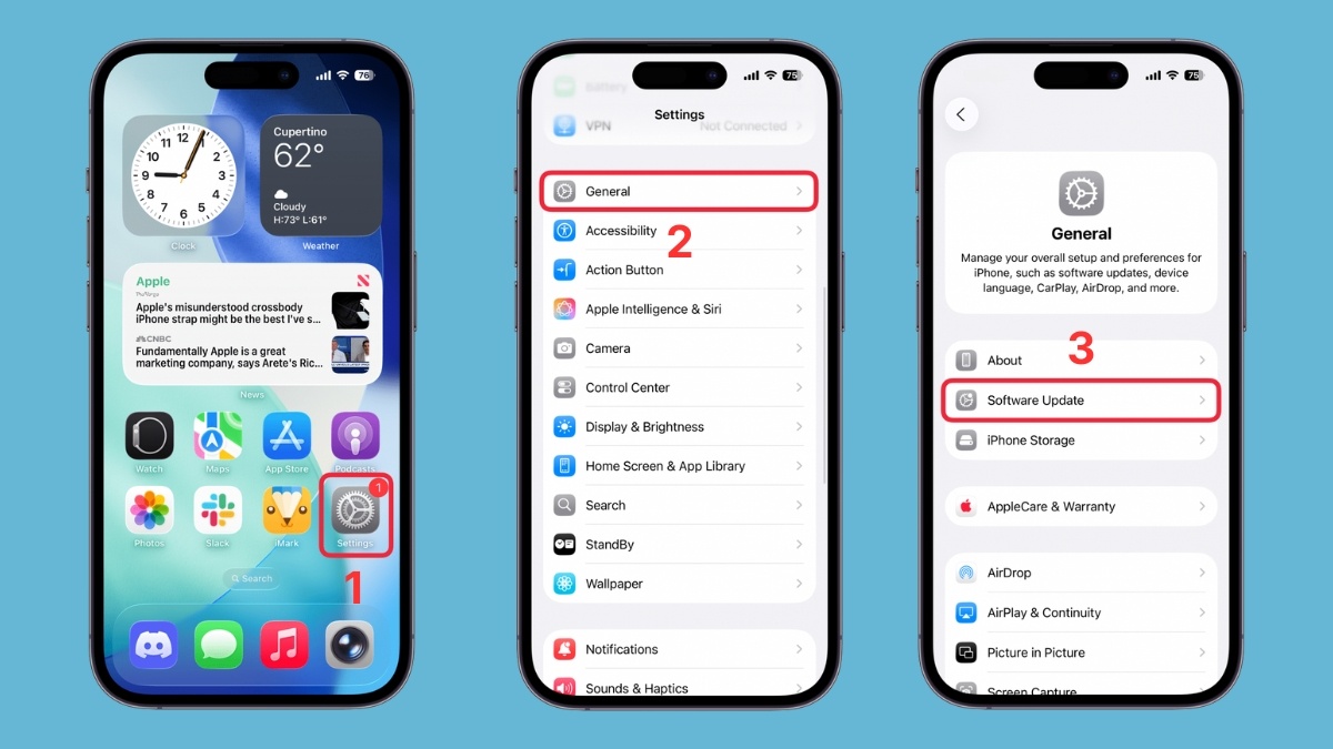 Truy cập mục Cài đặt chung để sửa lỗi phần mềm iphone 13 pro max sạc không vào pin.