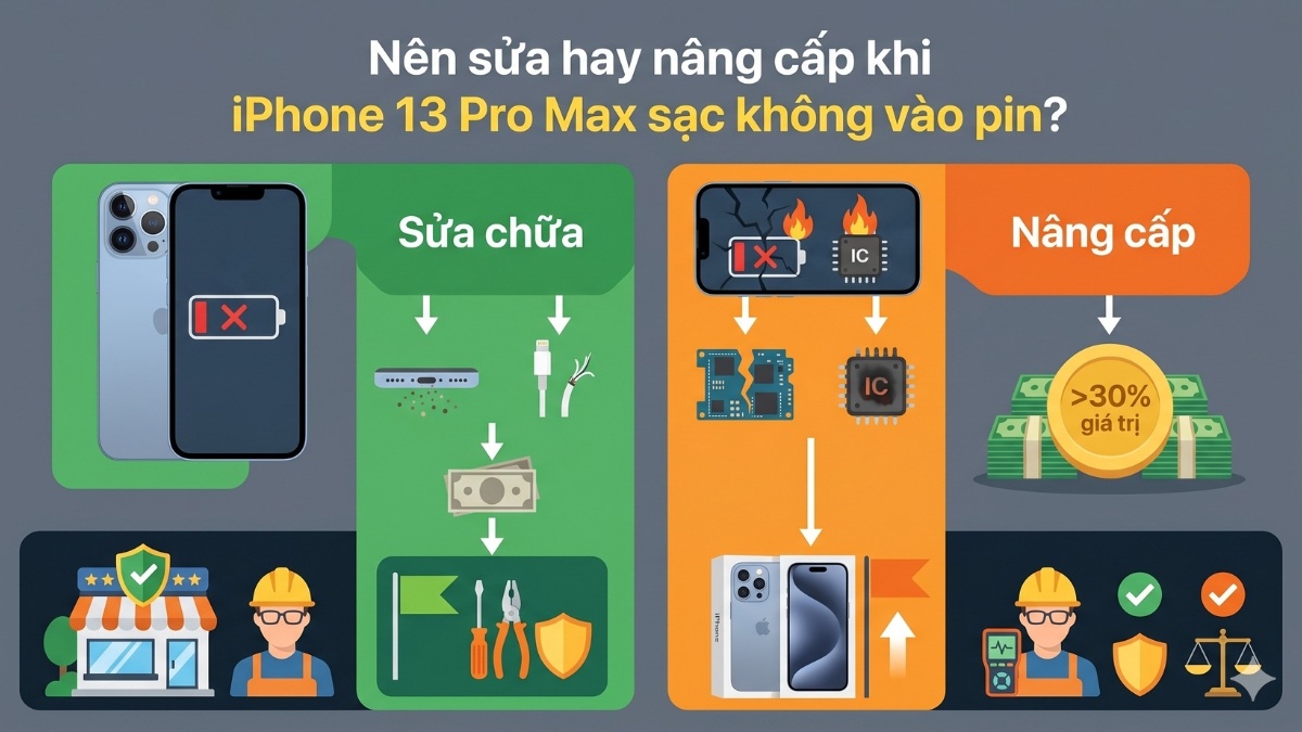 Mang máy đến trung tâm sửa chữa uy tín nếu iphone 13 pro max sạc không vào pin.