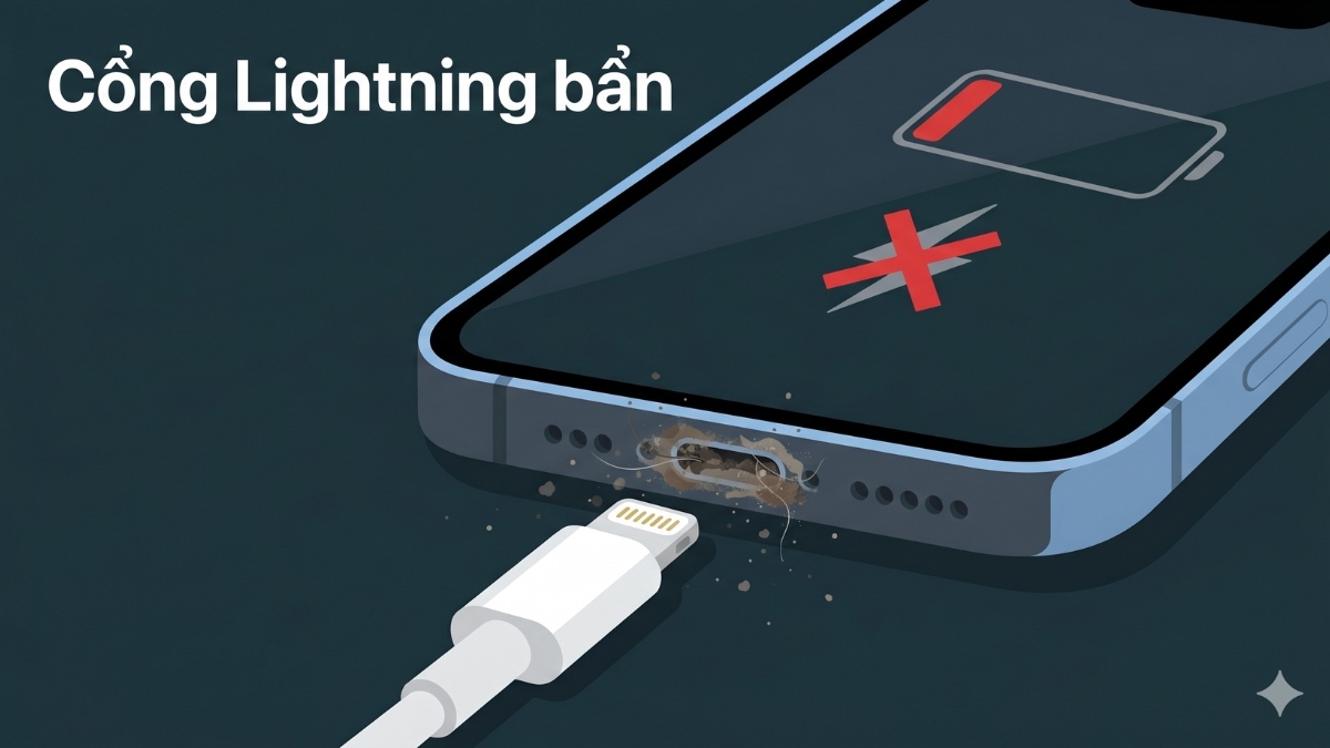 Cổng Lightning tích tụ nhiều sợi vải bụi bẩn khiến iphone 13 pro max sạc không vào pin.