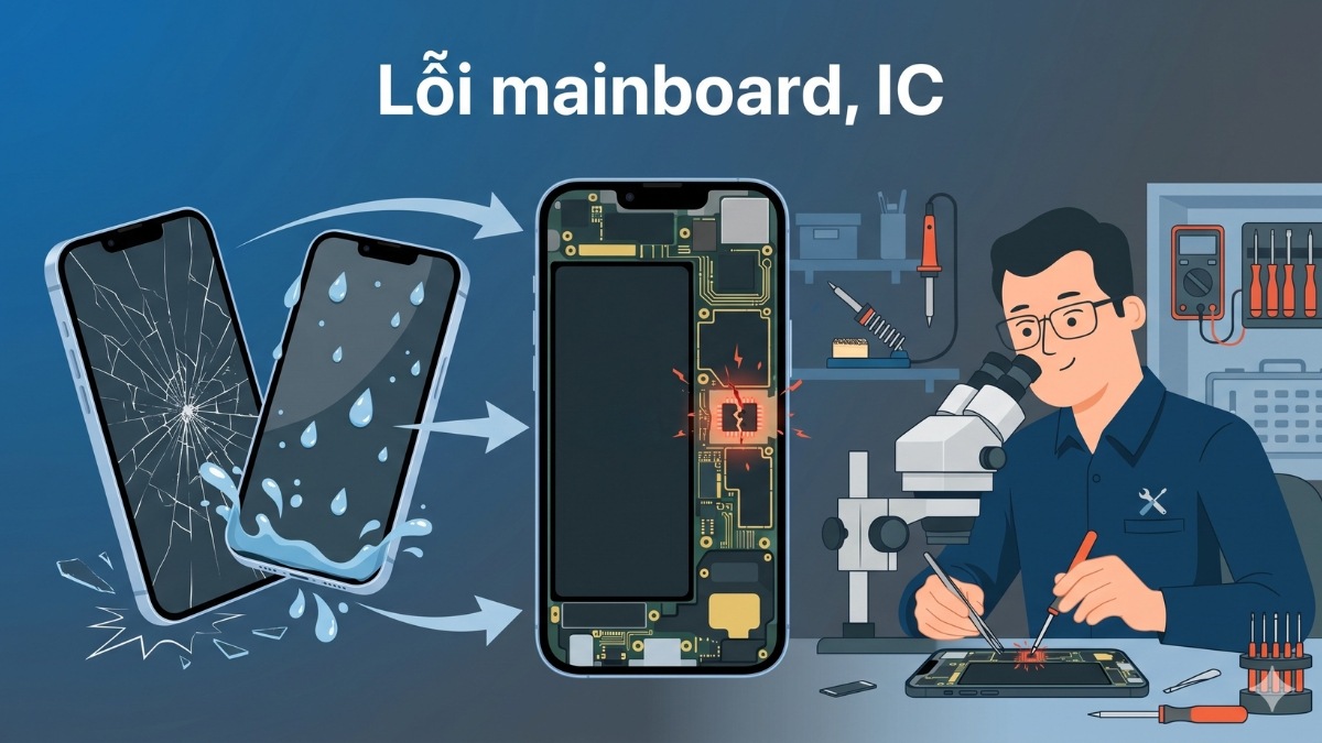 Sự cố hư hỏng phần cứng bo mạch mainboard làm iphone 13 pro max sạc không vào pin.