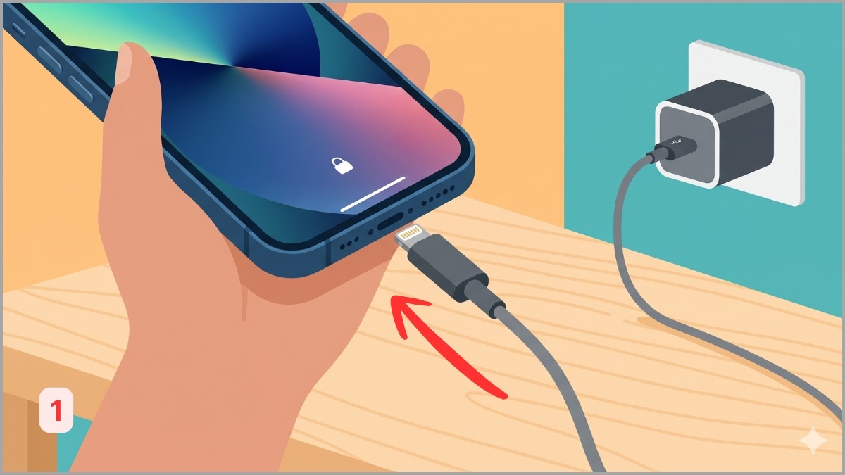 Bước cắm cáp sạc vào máy nhằm kiểm tra lỗi iphone 13 pro max sạc không vào pin.