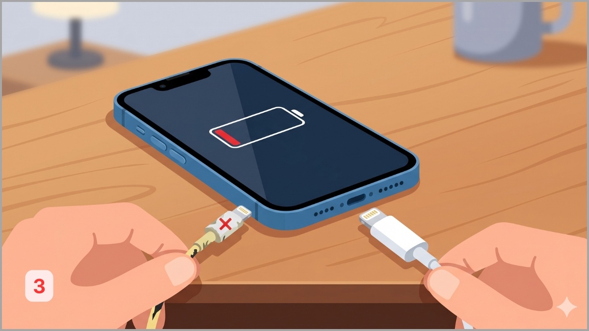 Thay thế sợi cáp kết nối mới khắc phục lỗi iphone 13 pro max sạc không vào pin.