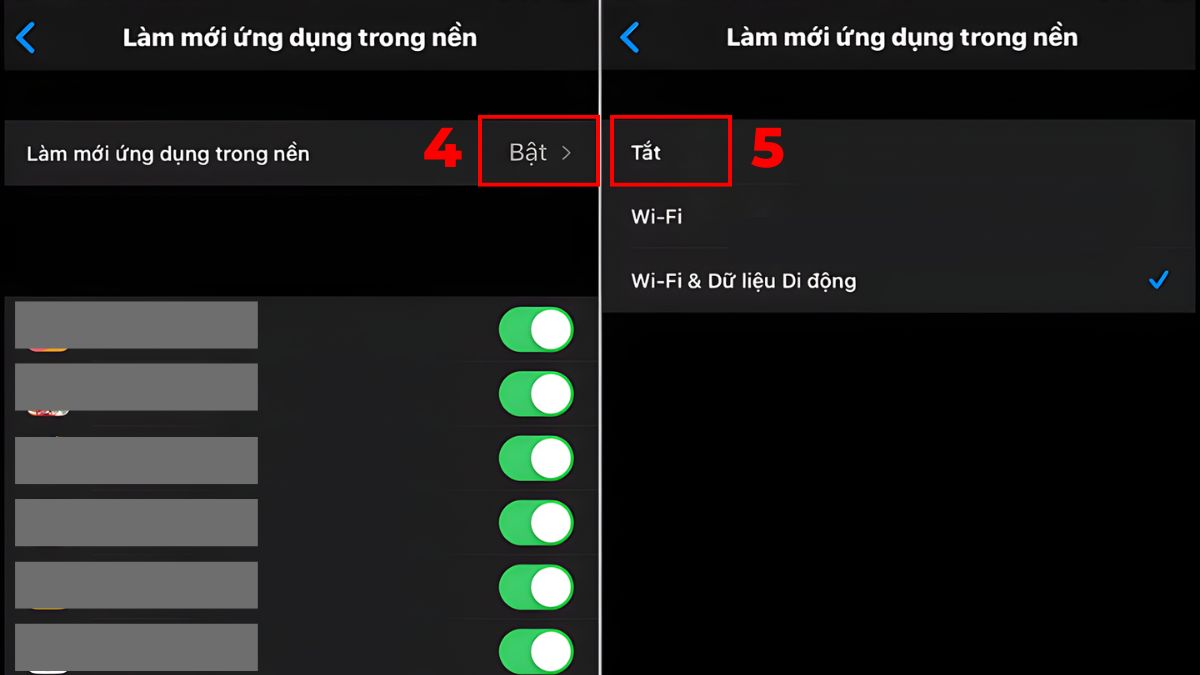 Bước 3: Chọn Tắt toàn bộ Làm mới ứng dụng trong nền để khắc phục triệt để lỗi iphone bị đơ màn hình không tắt nguồn được.