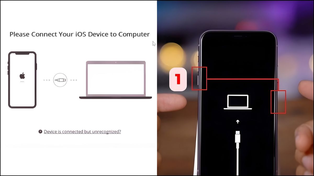 Bước 1: Kết nối iPhone với máy tính và màn hình Recovery Mode, hướng dẫn cách tắt nguồn iphone khi bị đơ.
