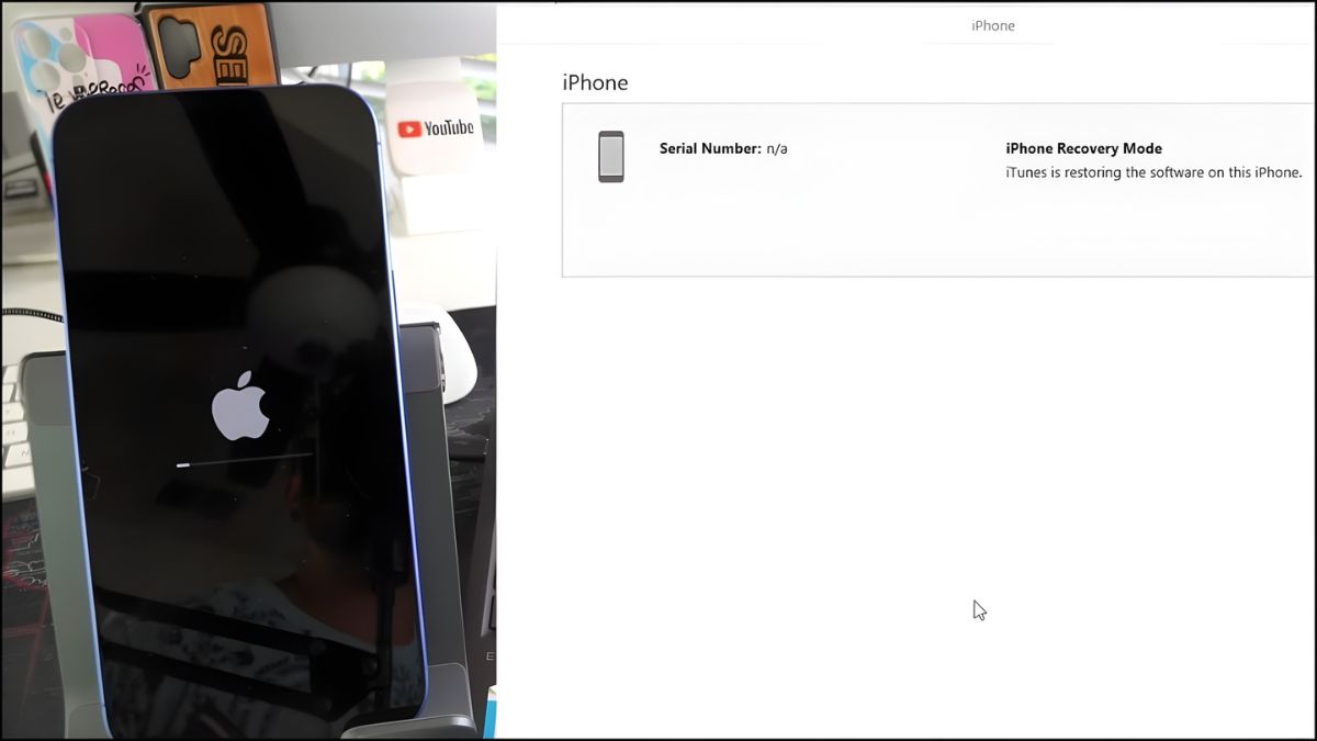 Bước 3: Màn hình iPhone 14 hiển thị quá trình khôi phục Recovery Mode, sửa lỗi cách tắt nguồn iphone khi bị đơ màn hình.