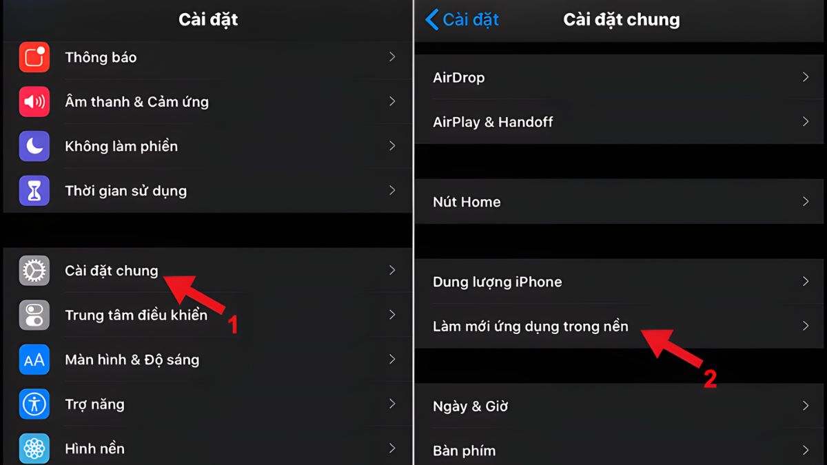 Hướng dẫn 2 bước vào Cài đặt chung > Làm mới ứng dụng trong nền để xử lý iphone bị đơ màn hình không tắt nguồn được.