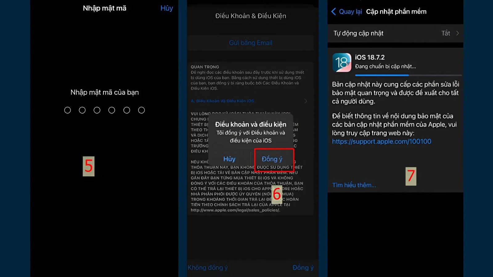 Nhập mật khẩu và Đồng ý cập nhật iOS để sửa lỗi iphone bị đen màn hình