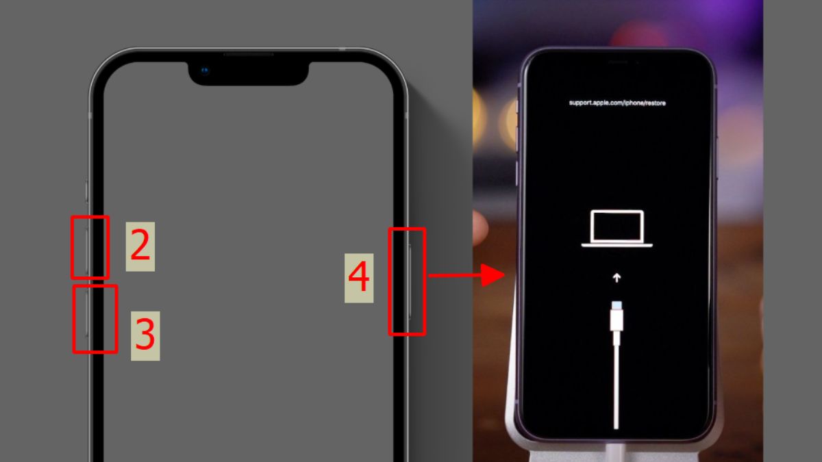 Thao tác nhấn nút nguồn, âm lượng để vào Recovery Mode sửa lỗi iphone không lên màn hình