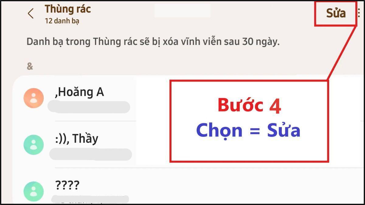 Bước 4: Nhấn Sửa để khôi phục danh bạ đã xóa trong thùng rác