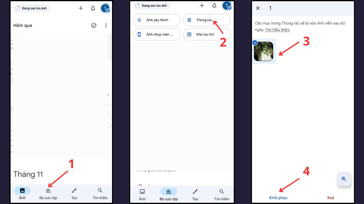 Tìm thùng rác trên điện thoại Samsung trong Google Photos Bộ sưu tập