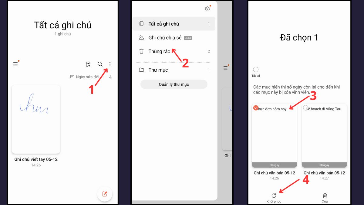 Mở menu Samsung Notes để tìm thùng rác trên điện thoại Samsung và phục hồi