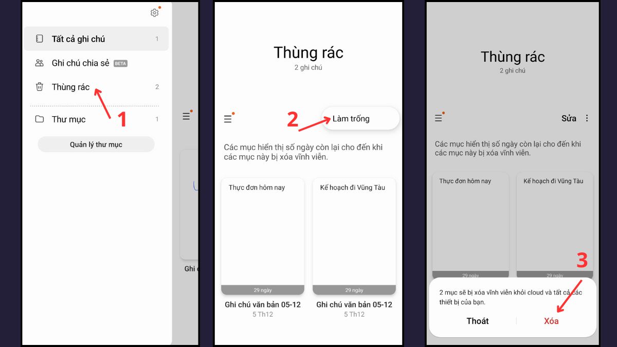 Xóa tệp trong thùng rác điện thoại Samsung bằng cách chọn Làm trống