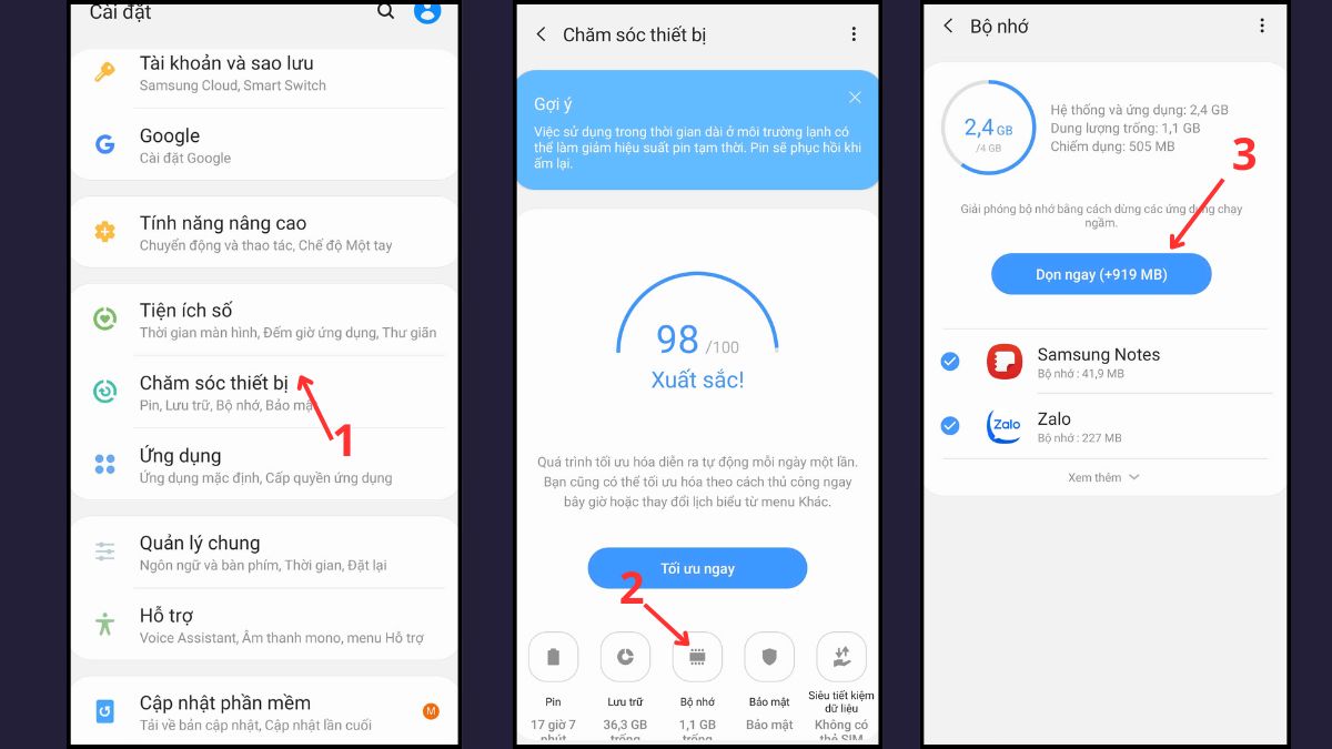Dùng Device Care để xóa thùng rác điện thoại Samsung và tối ưu bộ nhớ