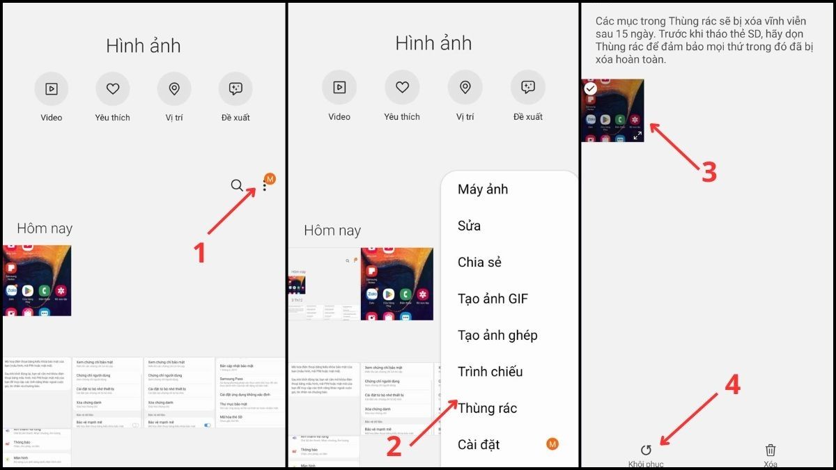 Các bước tìm thùng rác trên điện thoại Samsung khôi phục ảnh trong Gallery