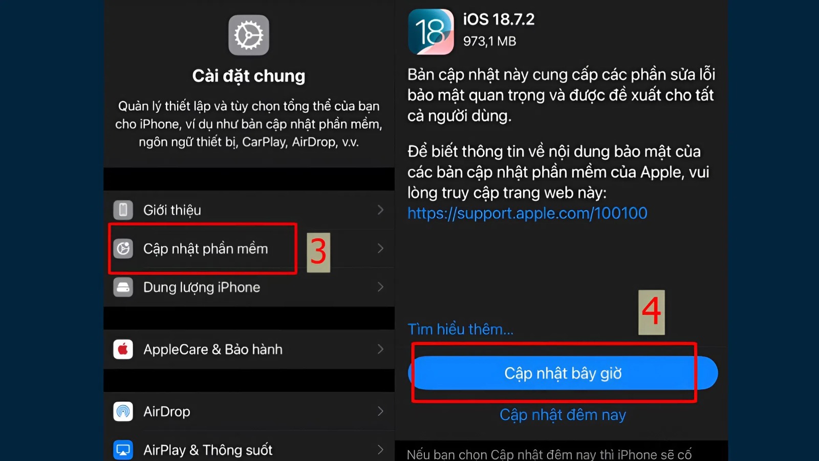 Chọn Cập nhật phần mềm rồi nhấn Cập nhật bây giờ khi iphone lag bàn phím