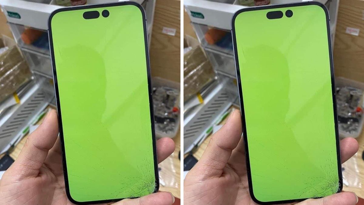 Triệu chứng iphone 15 bị xanh màn hình với sắc xanh lá và vết nứt ở góc.