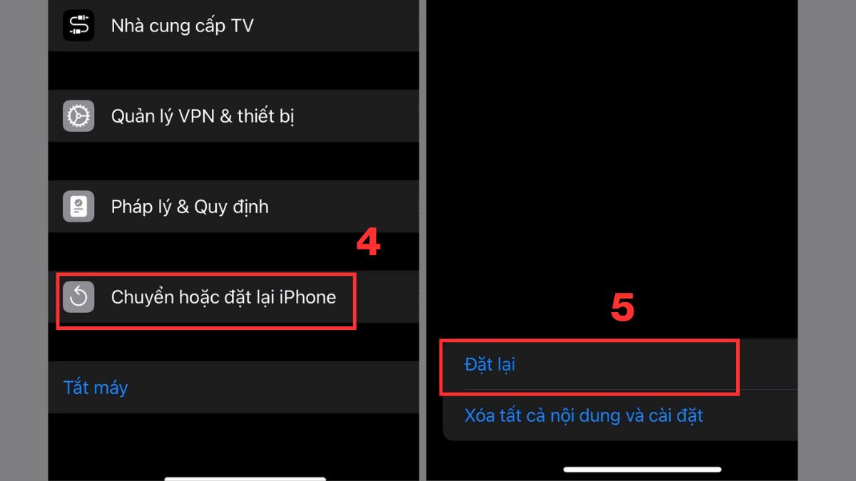 Chọn Đặt lại để khắc phục lỗi iphone 15 bị xanh màn hình do xung đột phần mềm.