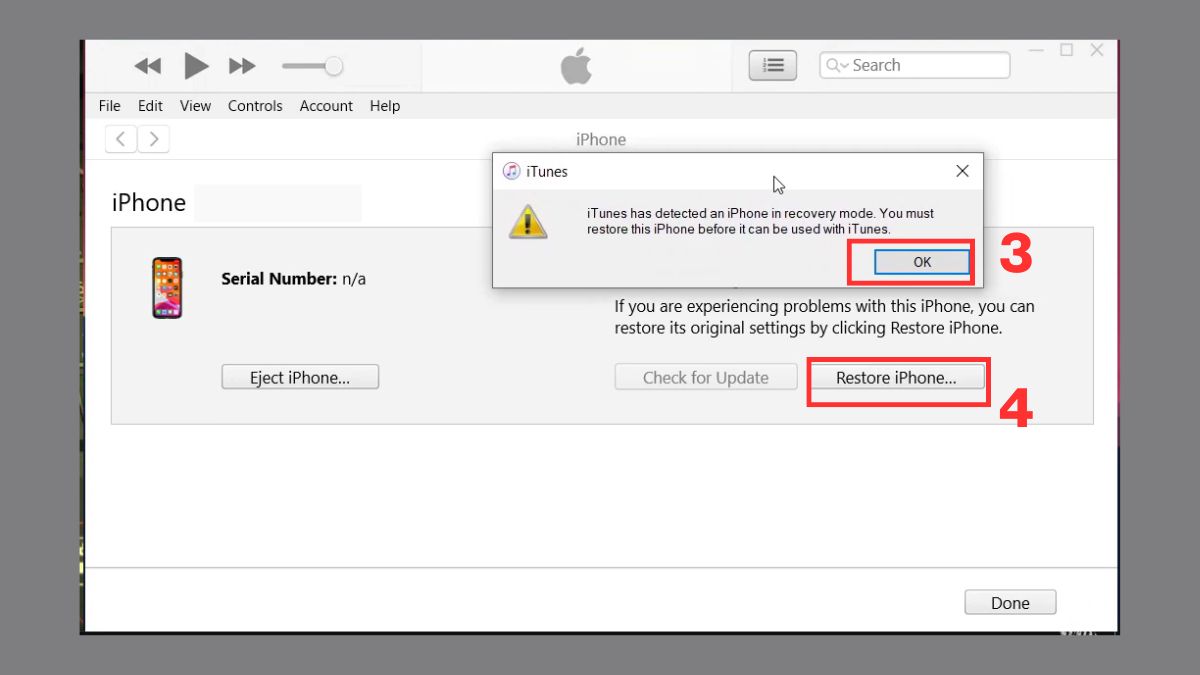 Chọn Restore iPhone trên iTunes để xử lý lỗi iphone bị màn hình xanh rồi tắt nguồn bằng DFU.