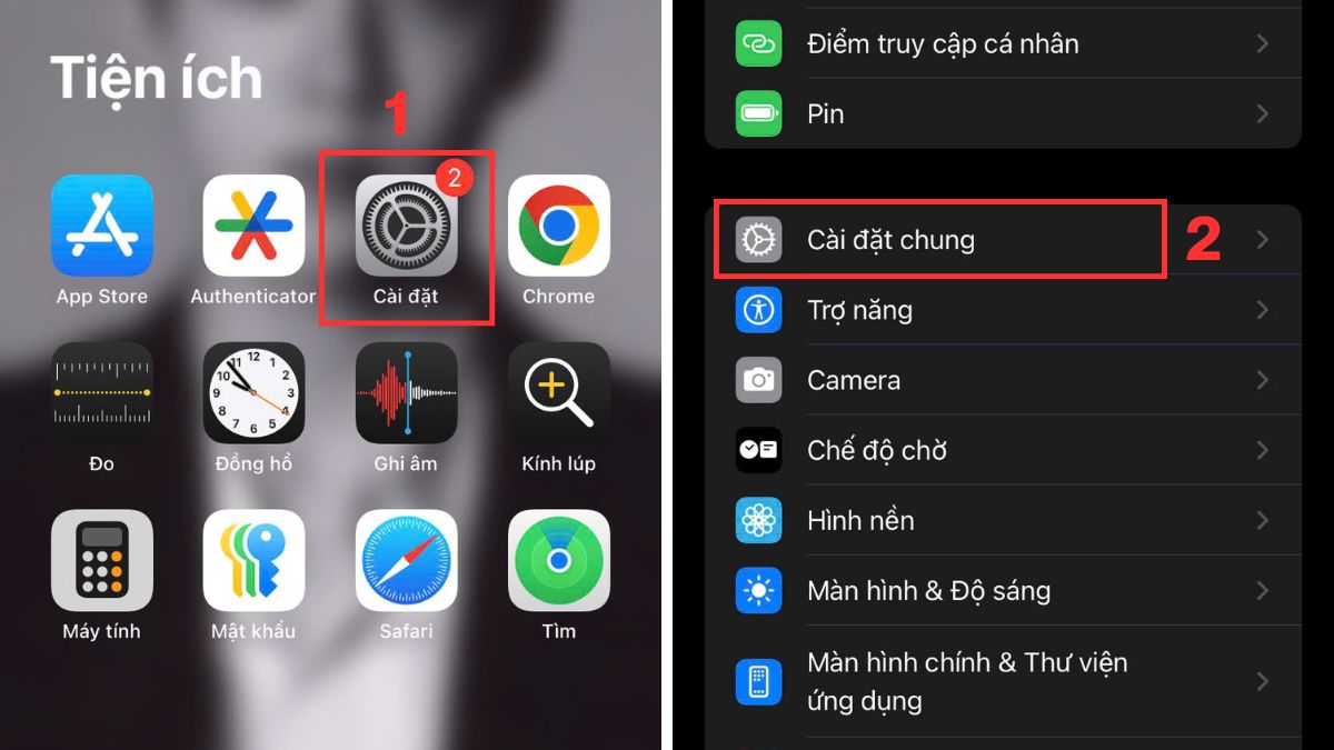 Bước 1 và 2: Vào Cài đặt để cập nhật iOS khi iphone 15 bị xanh màn hình.