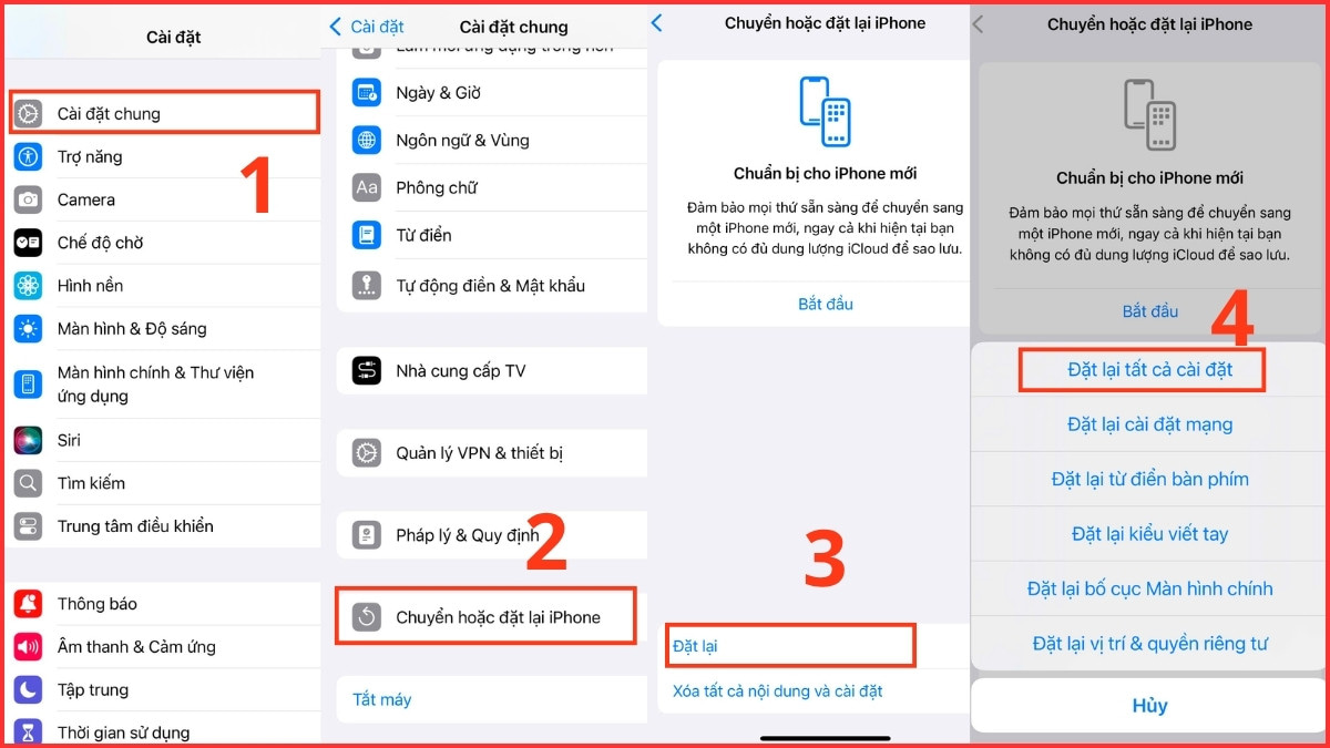 Ảnh minh họa 4 bước Đặt lại tất cả cài đặt trên iPhone, giải quyết tình trạng iphone bị đơ màn hình không tắt nguồn được.