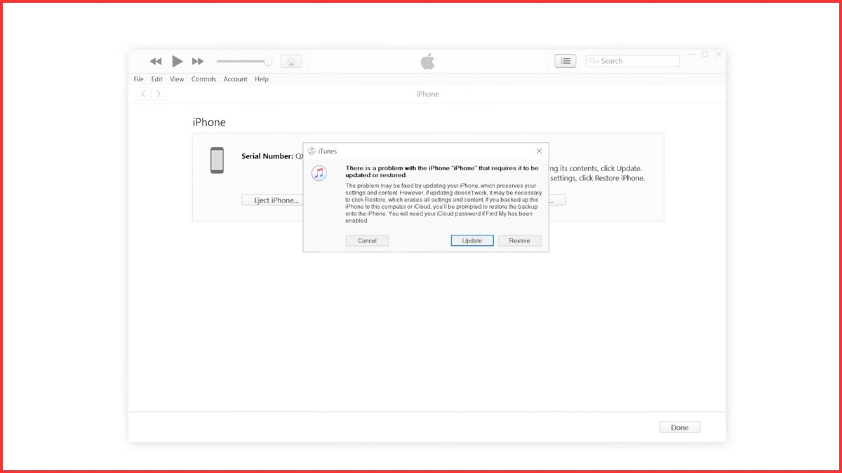 Màn hình iTunes/Finder hiện thông báo iPhone đang ở chế độ Recovery, sẵn sàng Update hoặc Restore để sửa lỗi đơ.