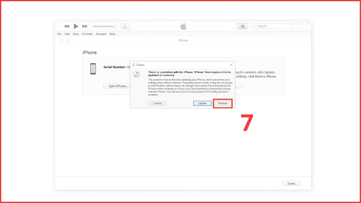 Màn hình iTunes/Finder, chọn nút Restore để khôi phục hoàn toàn thiết bị, giải quyết lỗi iphone bị đơ màn hình.