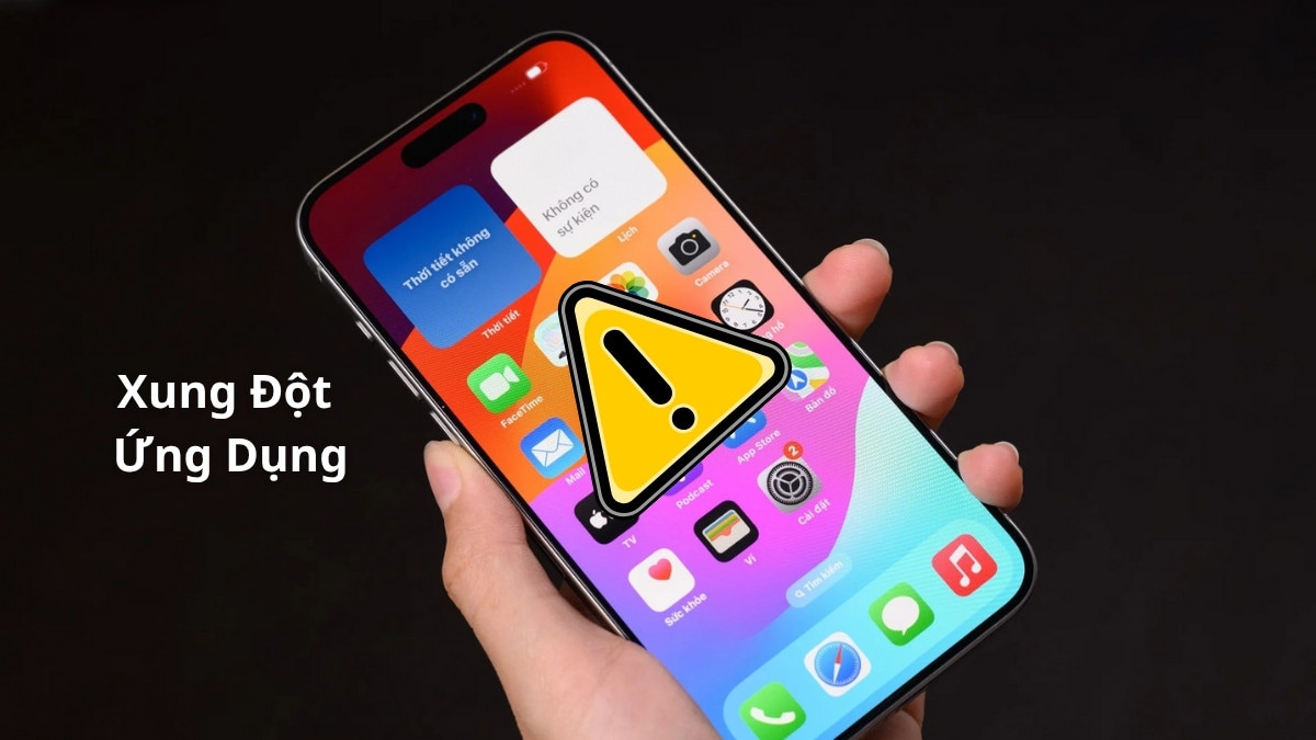 Hình ảnh cảnh báo xung đột ứng dụng (dấu chấm than) trên màn hình chính, nguyên nhân khiến iphone bị đơ màn hình.