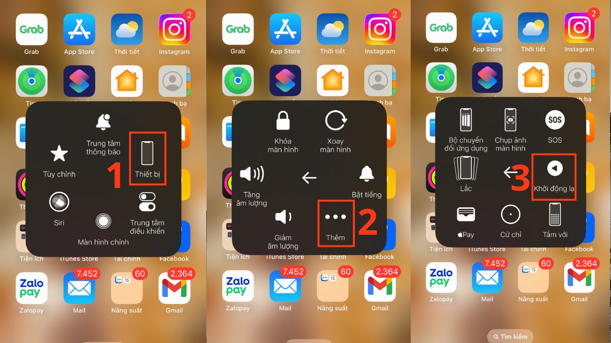 Ảnh minh họa 3 bước sử dụng Home ảo để Khởi động lại iPhone, khắc phục iphone 15 pro max bị đơ màn hình.