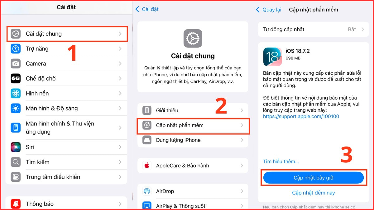Ảnh minh họa 3 bước vào Cài đặt chung và Cập nhật phần mềm iOS mới nhất, khắc phục iphone bị đơ màn hình.